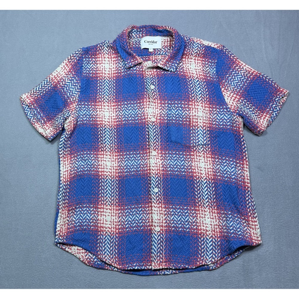Corridor New York Shirt Mens L Red Blue Woven Patchwork Plaid Textured Cotton